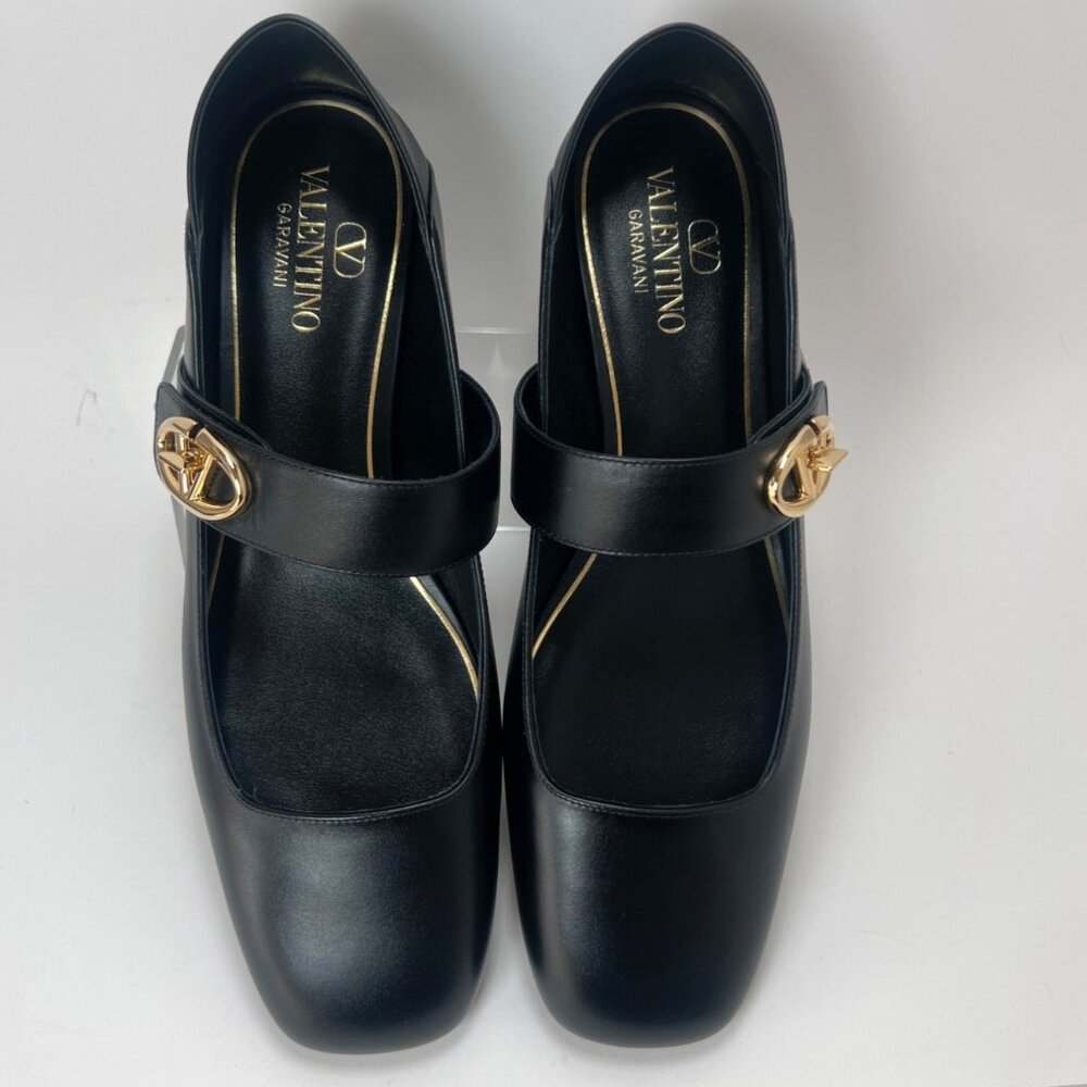 Valentino Garavani Locker VLogo Mary Janes Black Leather Flats Women Size 39 US9
